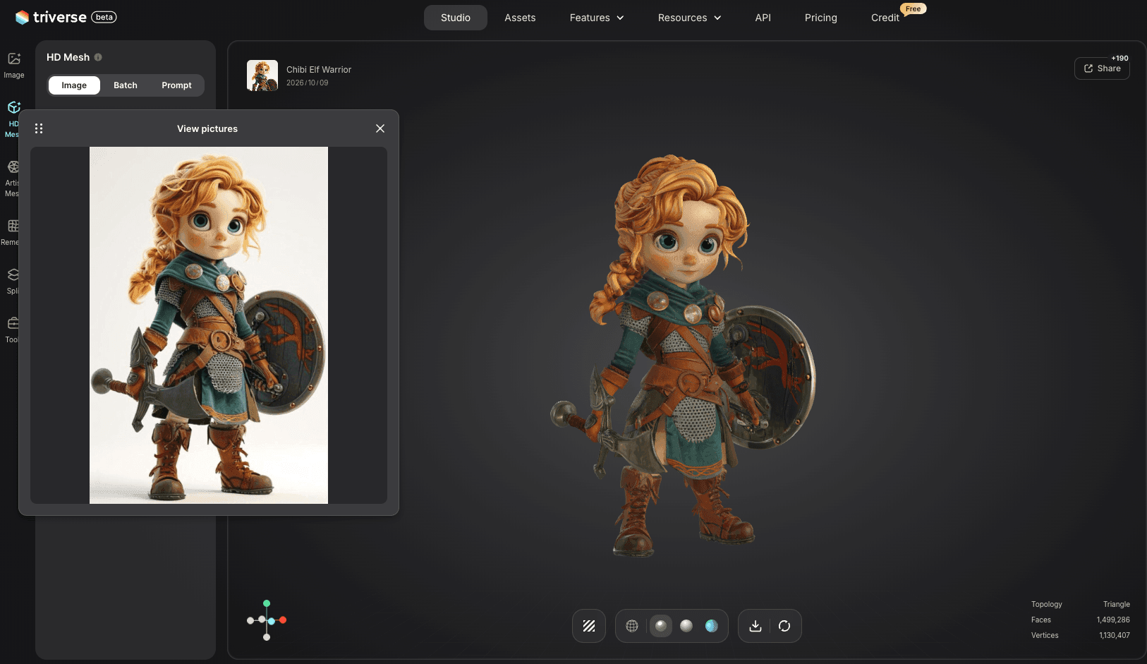 Triverse AI Studio showing a stylized chibi warrior illustration alongside its generated 3D model, demonstrating image-to-3D character creation.