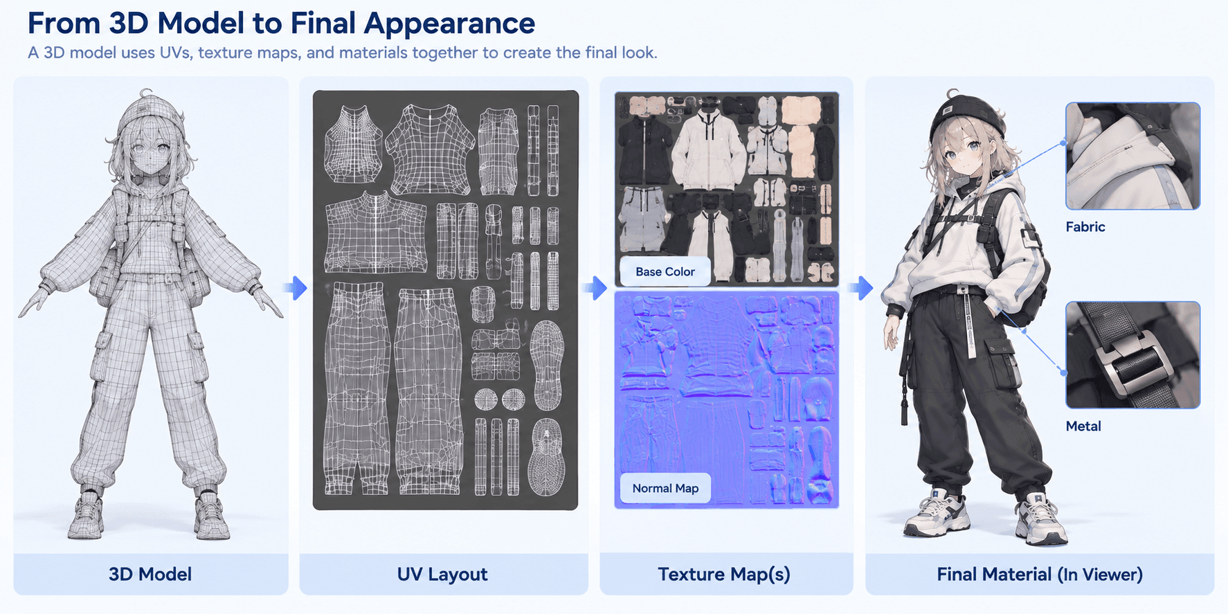 Anime 3D character workflow showing a wireframe model, UV layout, texture maps, and final textured appearance with fabric and metal details.