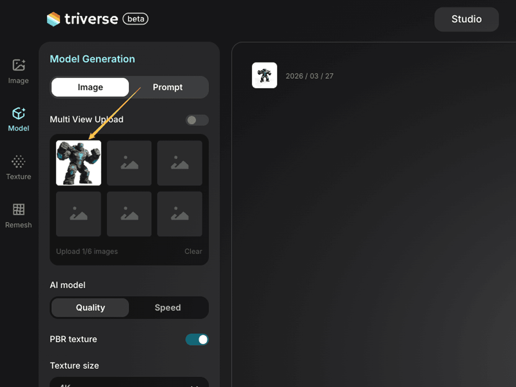 Triverse image to 3D upload