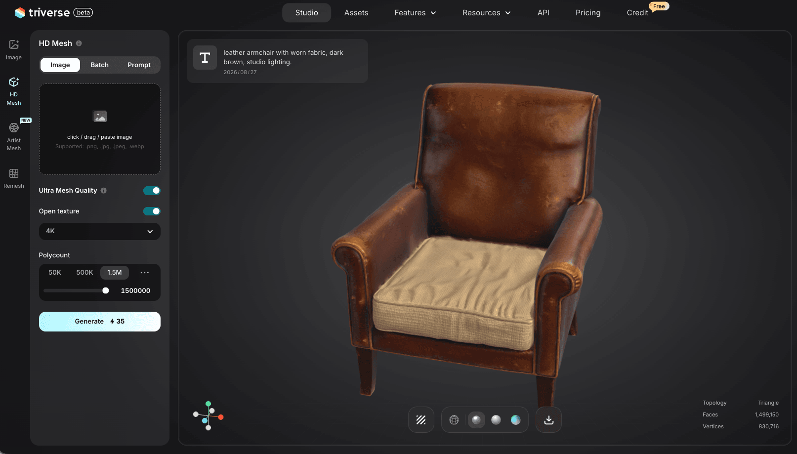 leather chair 3D model generated by Triverse AI