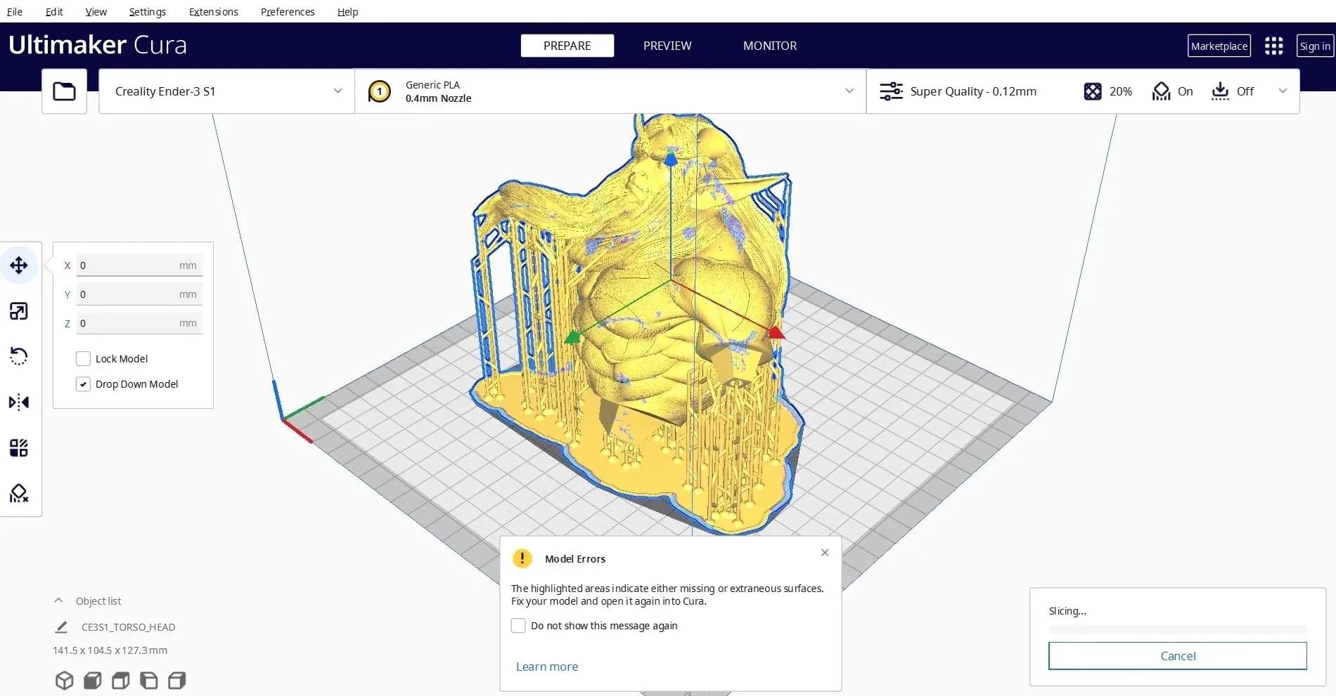 3D model errors in the cura