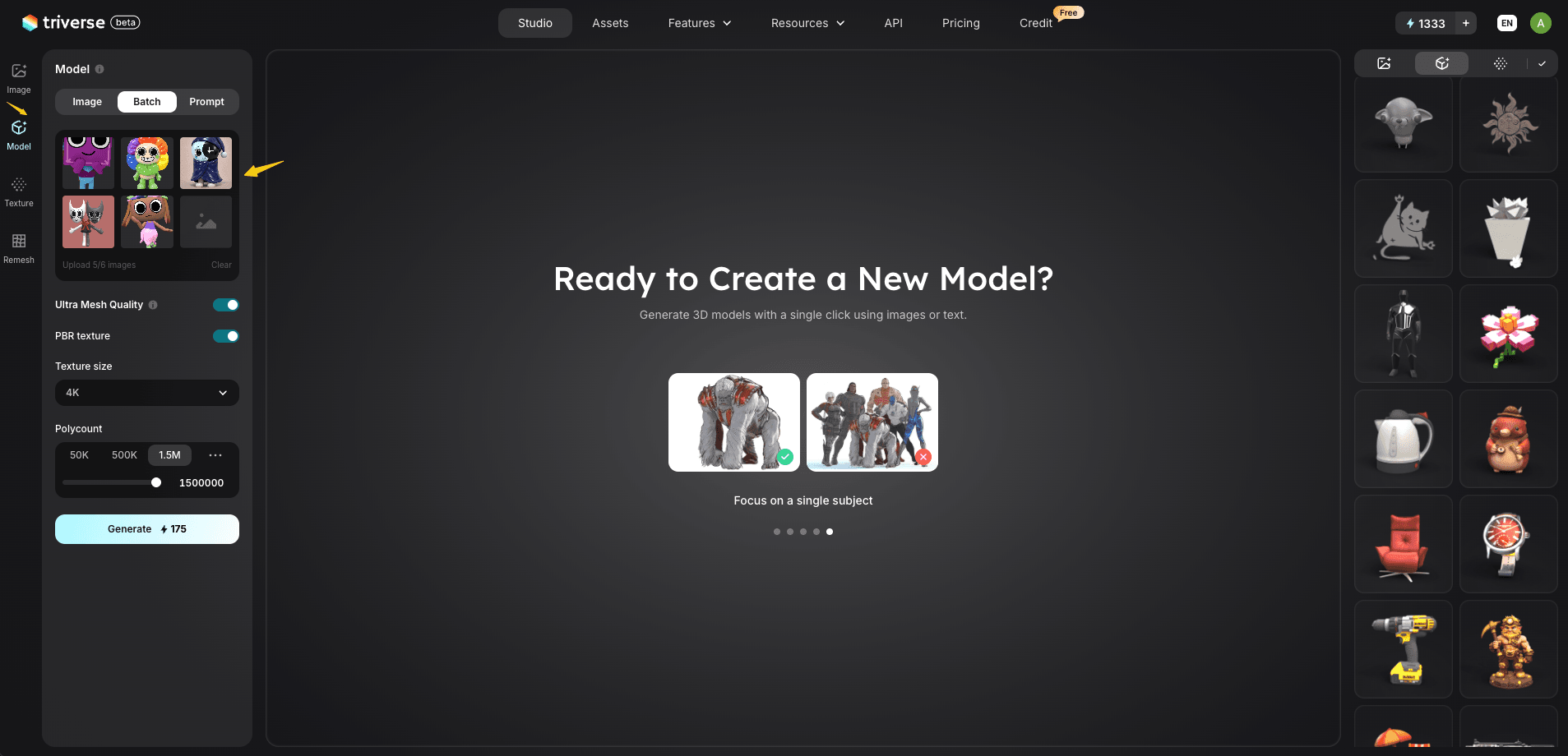 model generation in Triverse and upload Dandy's World reference pictures
