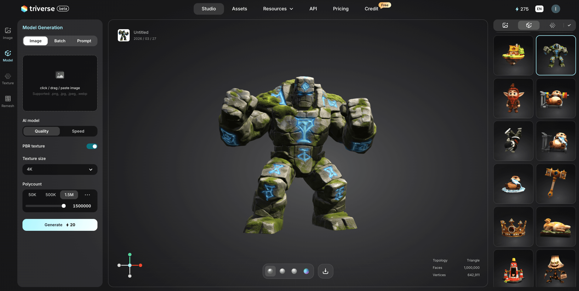 3D stone monster model generated by Triverse