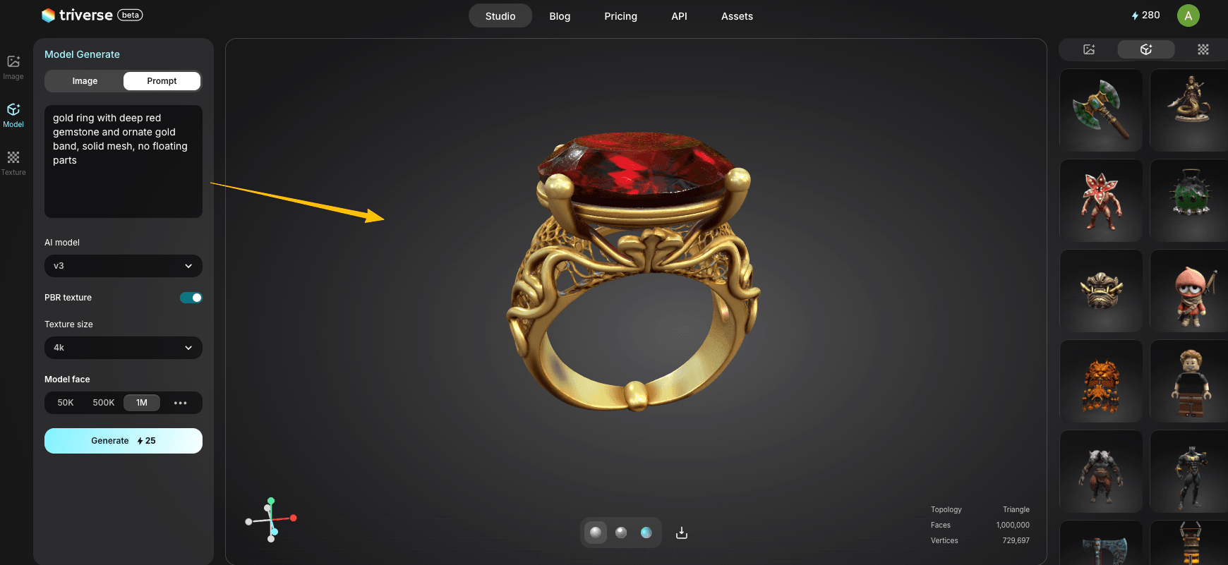 text to gold ring model with Triverse AI