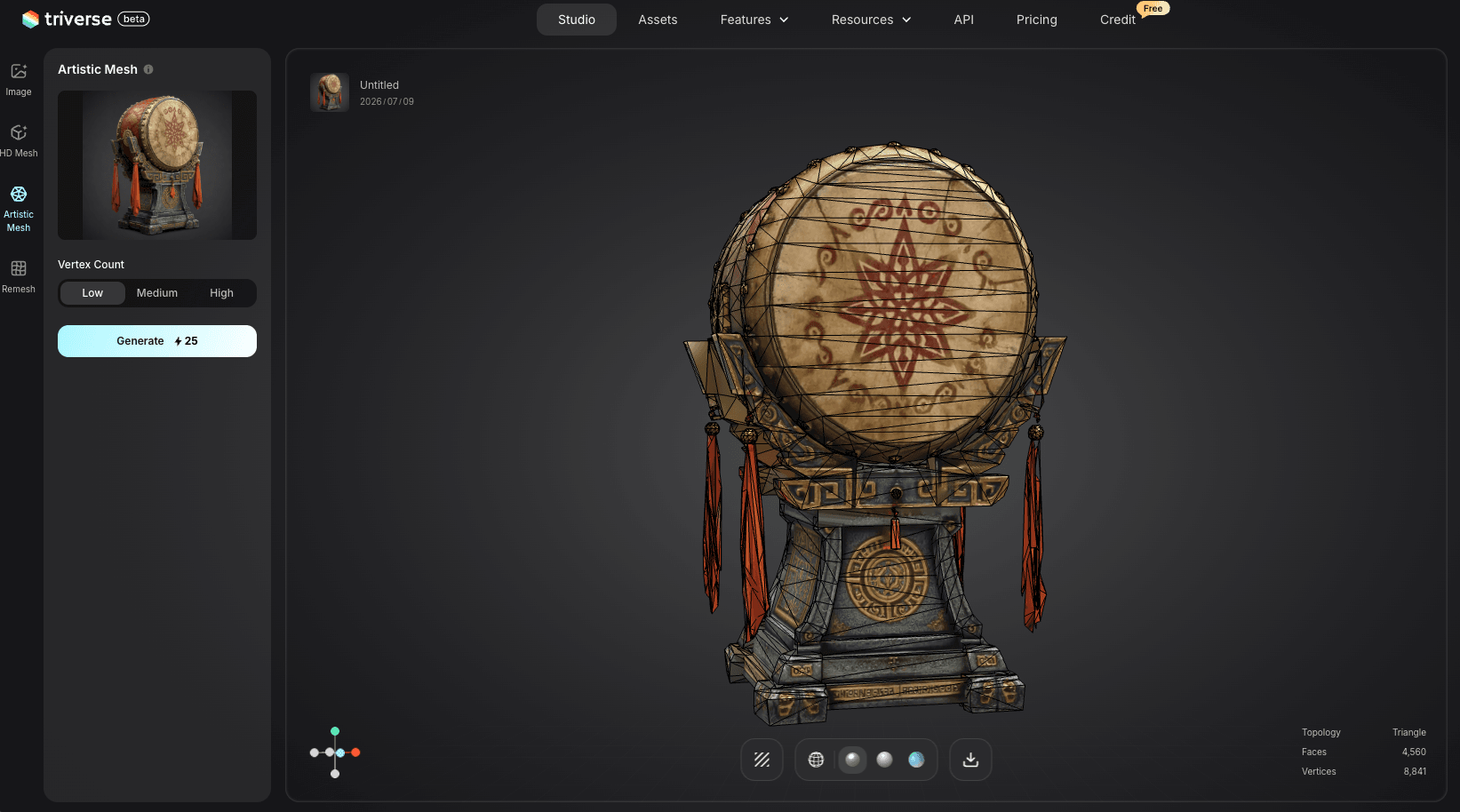textured Chinese drum model generated by Triverse AI